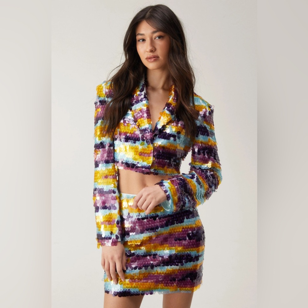 NWT: SOLD OUT Nasty Gal Striped Sequin Blazer and Skirt Set (*)